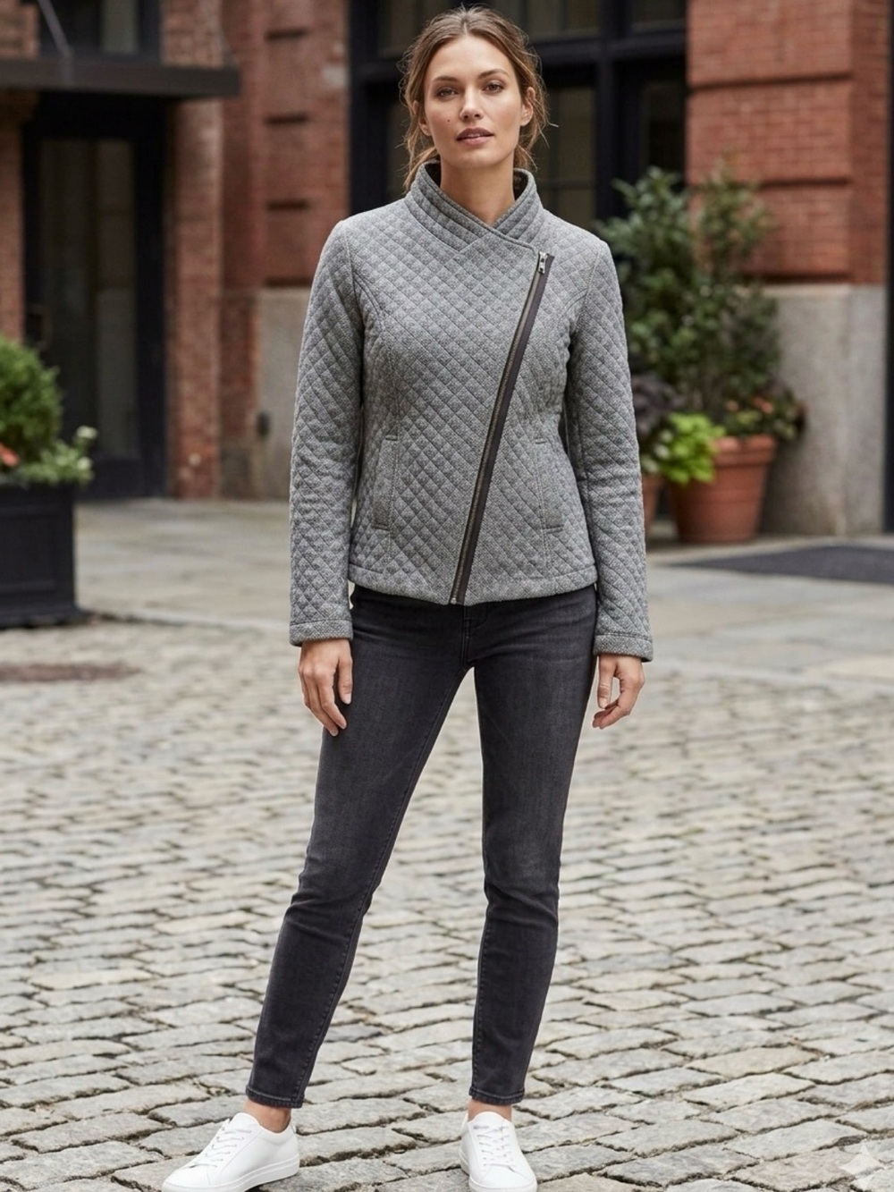 CAbi Gray Herringbone Asymmetrical Zip Sweater Jacket